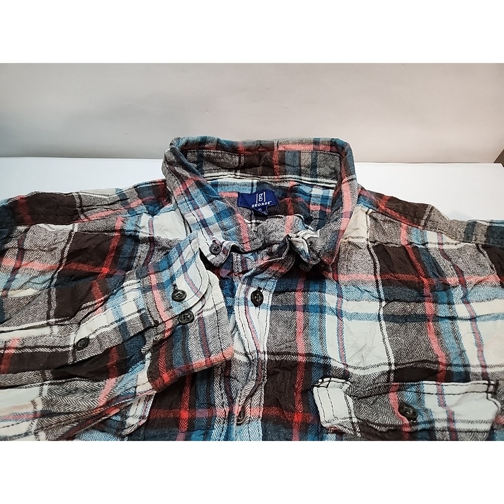 George Mens XL Longā Sleeve Plaid Flannel Button Up Shirt Multicolor